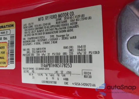 2019 Ford Mustang Ecoboost z USA, uszkodzony, nr VIN 1FA6P8TH4K5178253